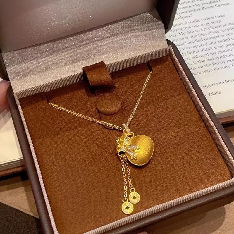 Diamond-studded Bowknot Lucky Bag Tassel Coin Necklace
