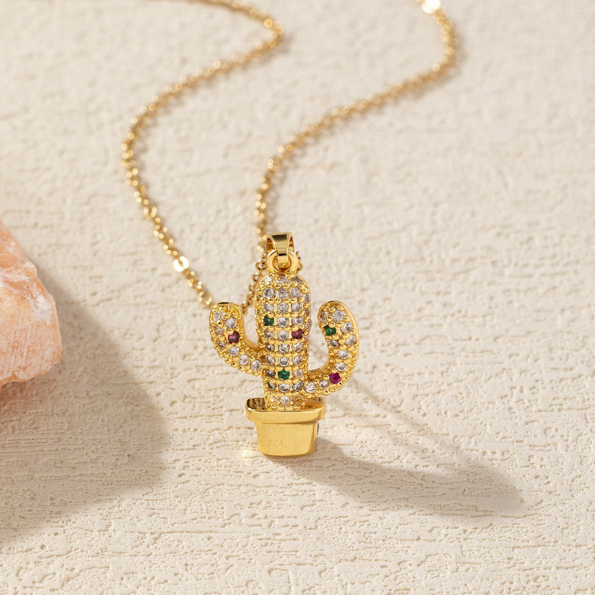 Micro-painted Zircon Droplet Niche Plant Pendant Cactus Necklace