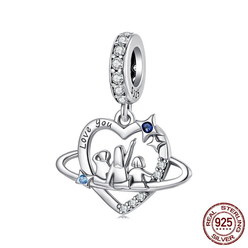S925 Loving Heart In Sterling Silver Family Pendant Parts Diy Bracelet String Beads