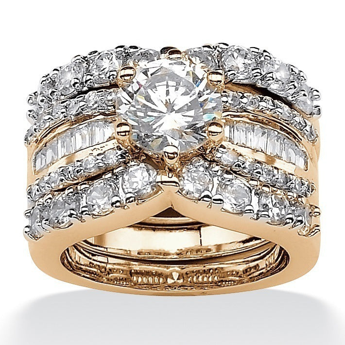 18k Gold-plated Three-piece Simulated Diamond Engagement Ring Set With Zircon Inlays
