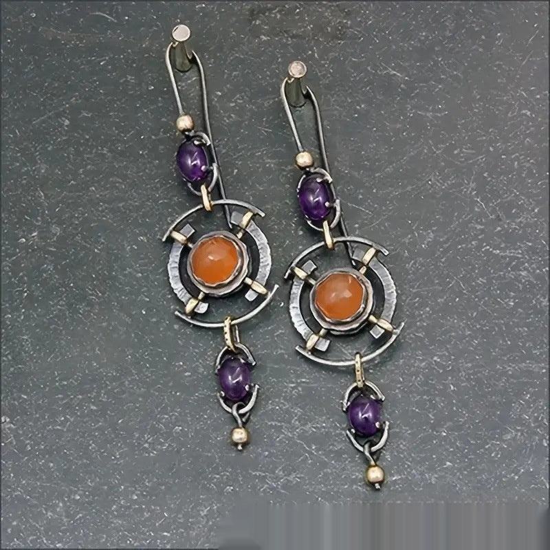 Retro Orange And Deep Purple Gemstone Geometric Pendant Earrings