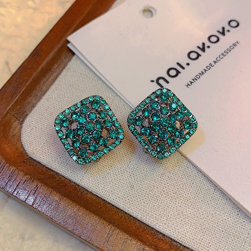 Green Fully Paved Hollow-out Crystal Square Stud Earrings