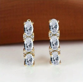 Womens French-Style Light-Luxury Gold Three-Row Oval Diamond Earrings