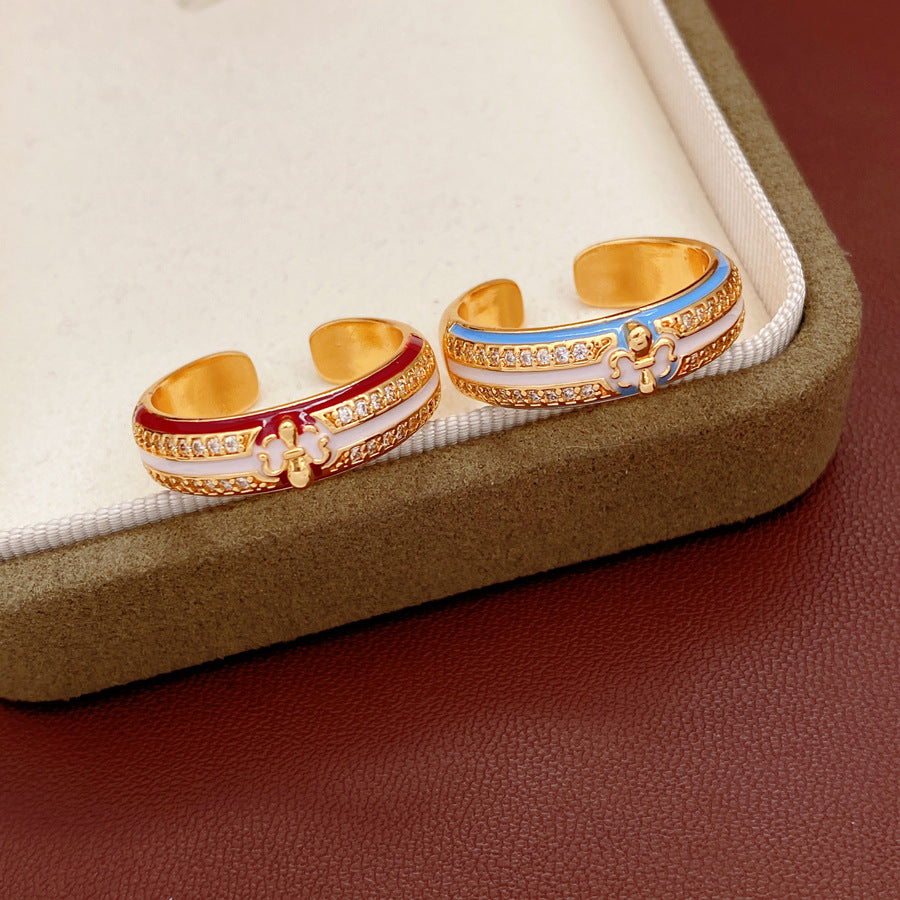 18K Gold Plated Open Ring With Cubic Zirconia Enamel Adjustable Wide Band Statement Ring For Women