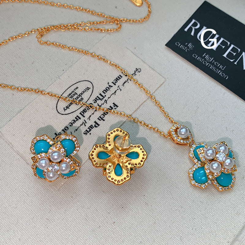 Silver Needle Turquoise Four-Leaf Flower Pearl Vintage Earrings And Necklace