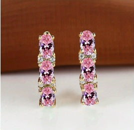 Womens French-Style Light-Luxury Gold Three-Row Oval Diamond Earrings