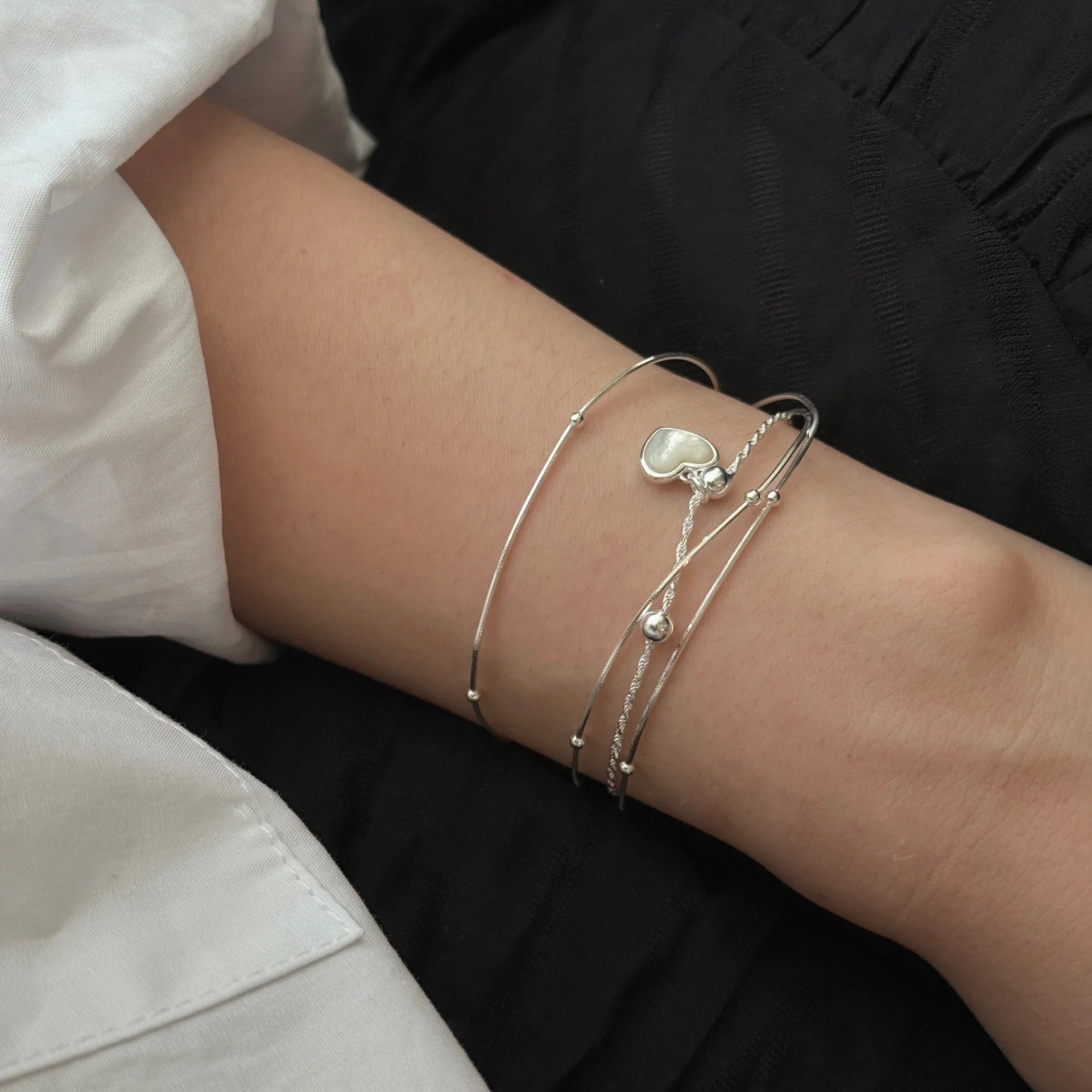Womens S925 Sterling Silver Three Tier Spacer Bead Snake Chain Bracelet