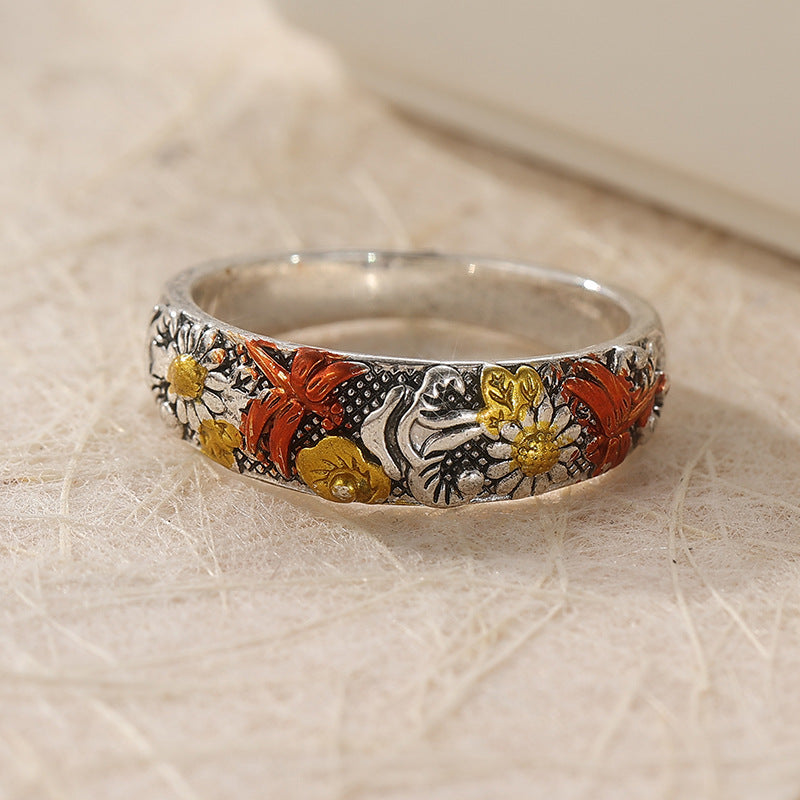 Retro Carved Sunflower And Dragonfly Ring