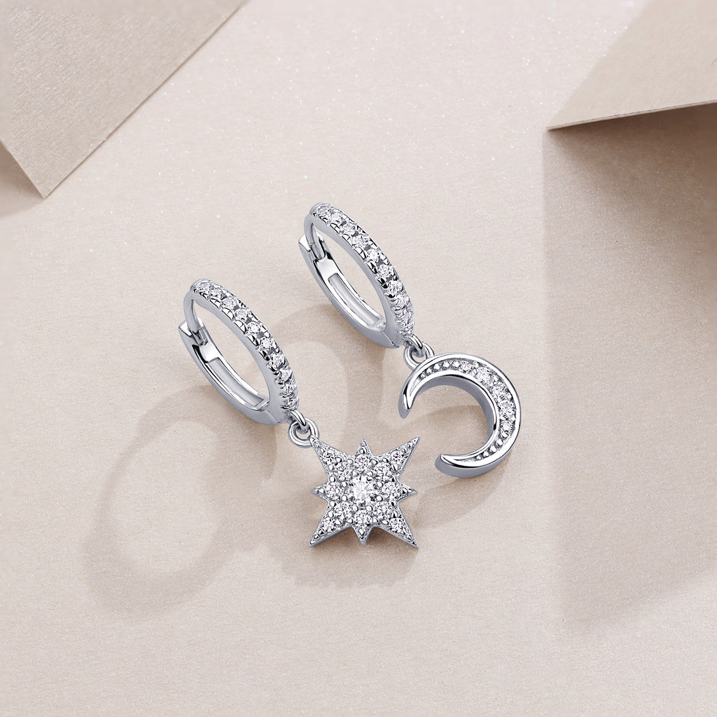 Star And Moon In Harmony - Earrings Set With Top-quality Moissanite S925, Silver And Platinum-plated Stud Earrings, A Fashionable And Trendy Accessory That Can Be Tested With A Diamond Pen.
