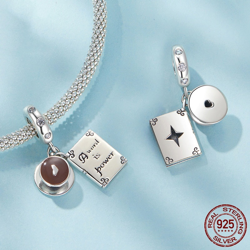 Coffee & Book Pendant S925 Sterling Silver Scattered Beads