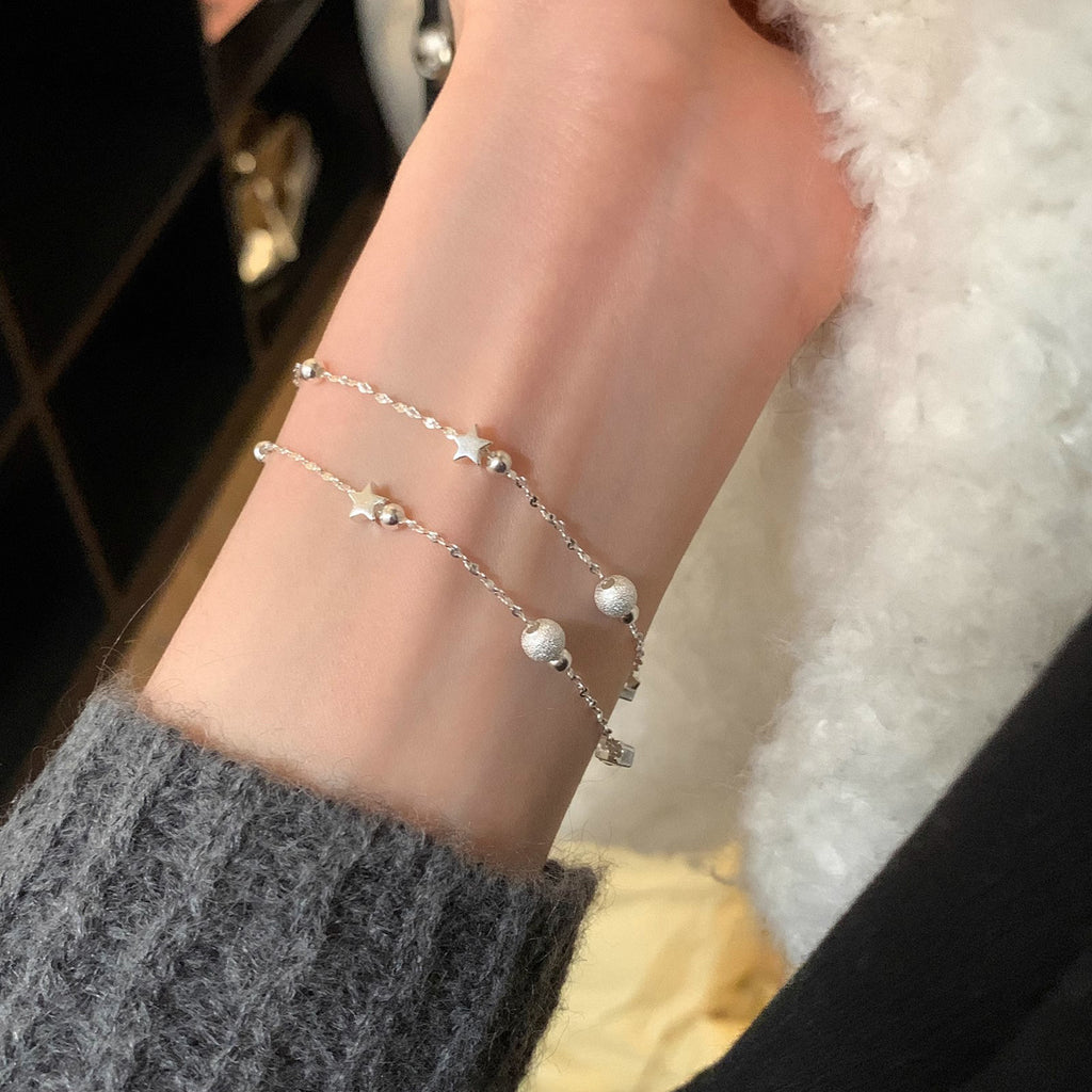 999 Fine Silver Matte Ball Double-Layer Sterling Silver Bracelet For Women