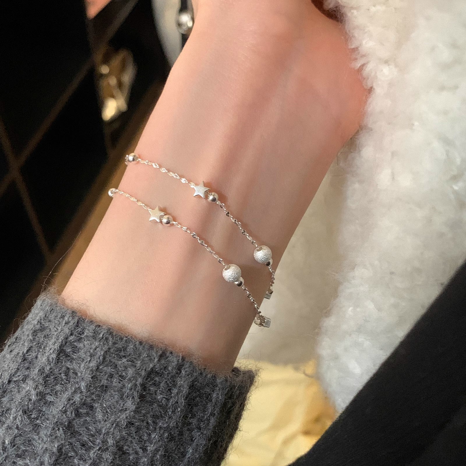 999 Fine Silver Matte Ball Double-Layer Sterling Silver Bracelet For Women