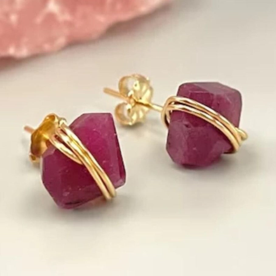 New Red Irregular Stone Wrapped Wire Earrings