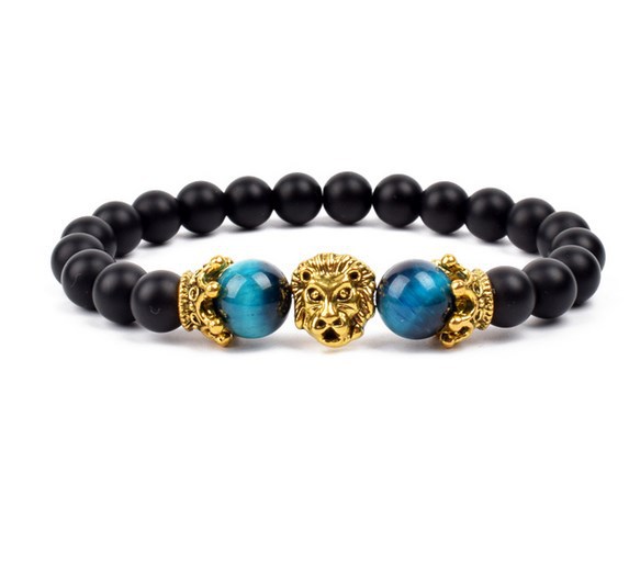 Antique Silver Lion-Head Agate Buddha Bead Bracelet