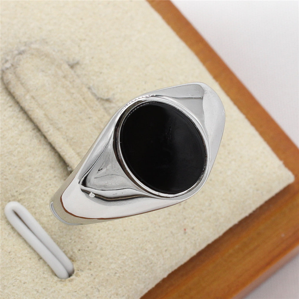 Fashionable Minimalist Oval Gemstone Ring In Cool-toned Titanium Steel