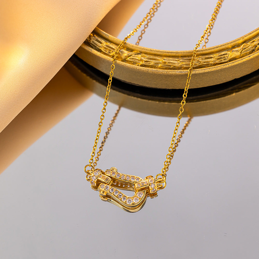Light-luxury Fashion Full-diamond Horseshoe Buckle Titanium Steel Necklace