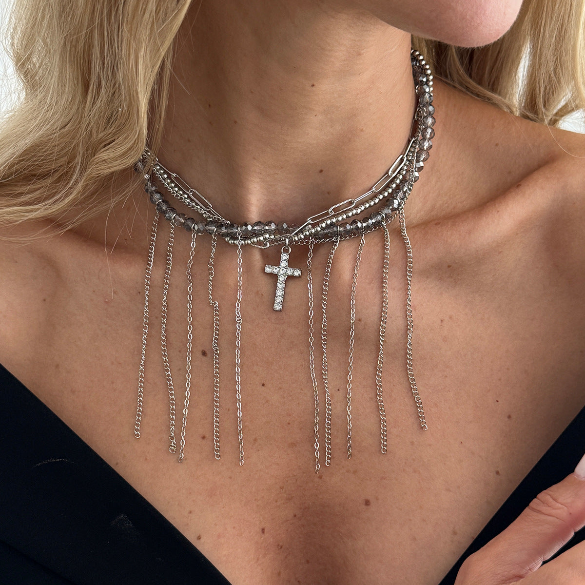 Cool Minimalist Cross Tassel Heart Pearl Necklace