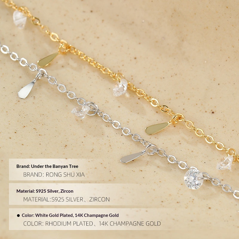Banyan Tree S925 Silver Plated Gold Color Waterdrop Zircon Tassel Necklace