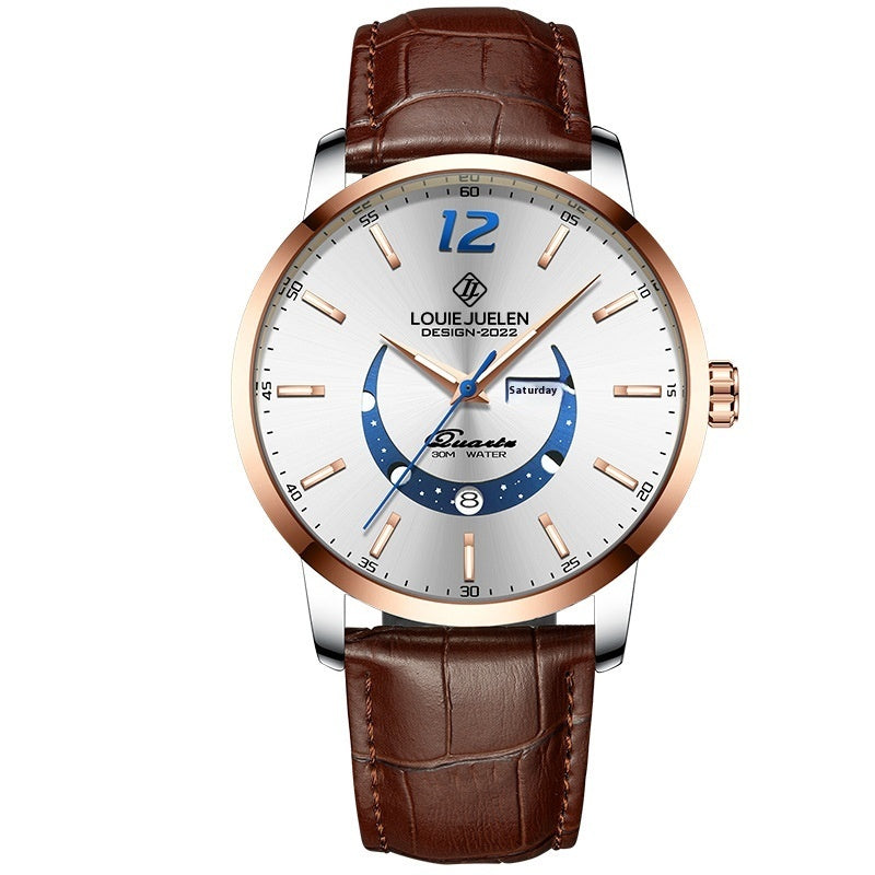 Master Moon Phase Luminous Waterproof Wrist Watch Men's Fashion Genuine Leather Strap Quartz Watch
