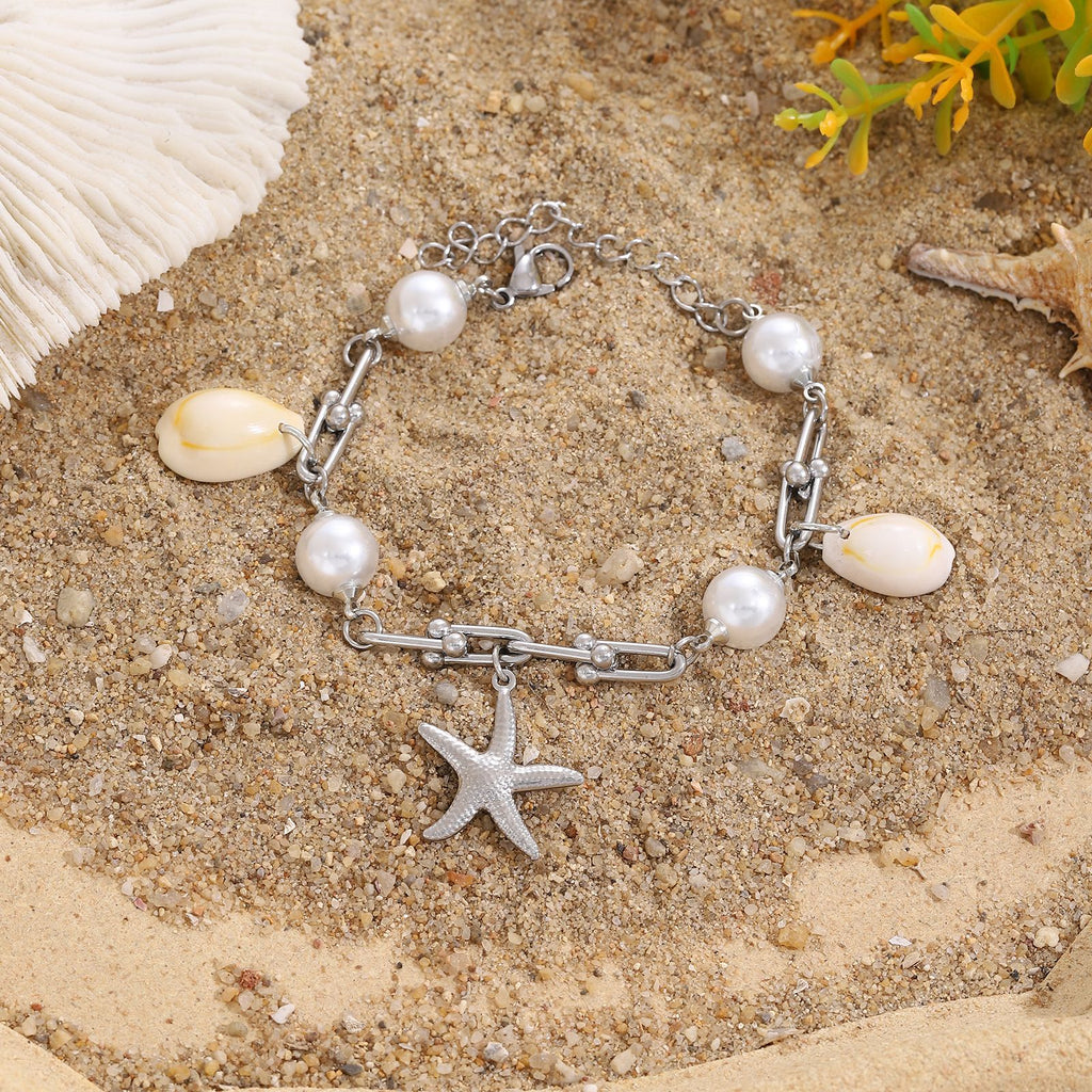 Starfish And Conch Pendant With Pearl, Stainless Steel Horseshoe Chain For Women