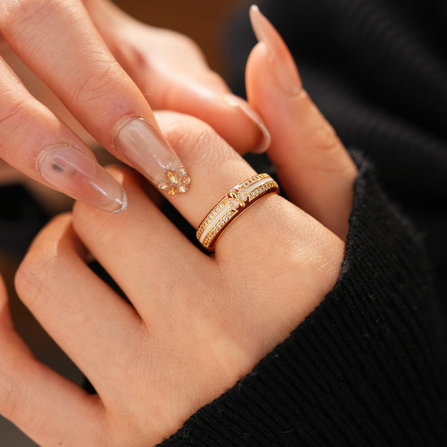 18K Gold Plated Open Ring With Cubic Zirconia Enamel Adjustable Wide Band Statement Ring For Women