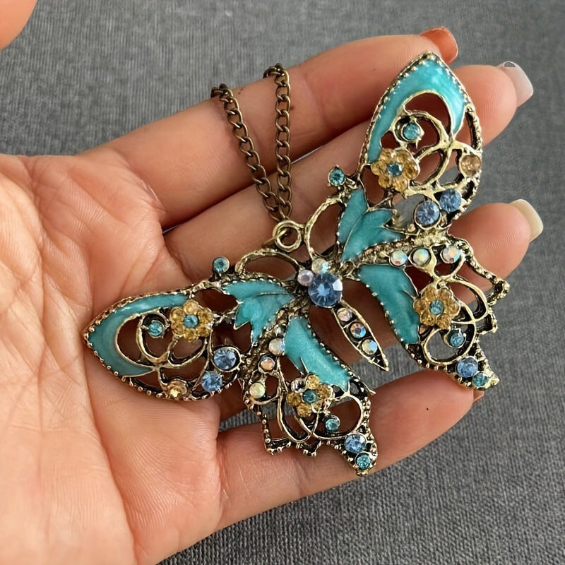 Retro Hollow-Out Dripping-Oil Butterfly Sweater Chain Necklace