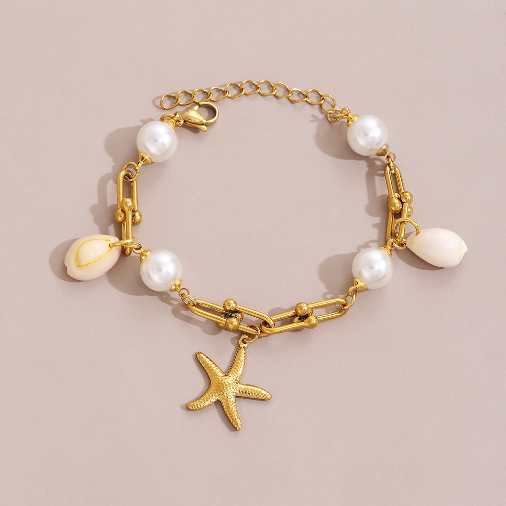 Starfish And Conch Pendant With Pearl, Stainless Steel Horseshoe Chain For Women