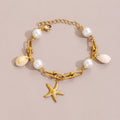 Starfish And Conch Pendant With Pearl, Stainless Steel Horseshoe Chain For Women