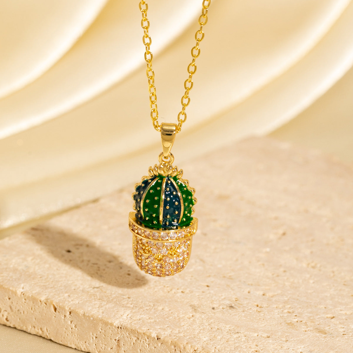 Micro-painted Zircon Droplet Niche Plant Pendant Cactus Necklace