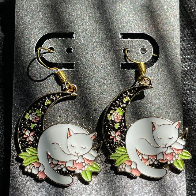 Bohemian-style Cat Earrings With A Moon Design