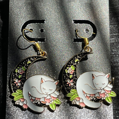 Bohemian-style Cat Earrings With A Moon Design
