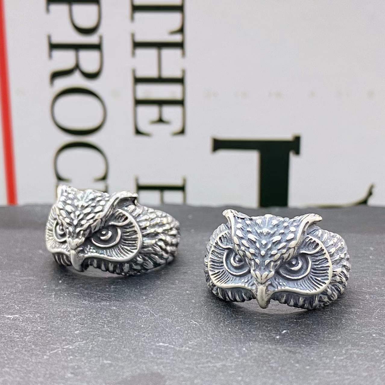 Trendy Retro Carved Hand Jewelry Cat And Owl Ring