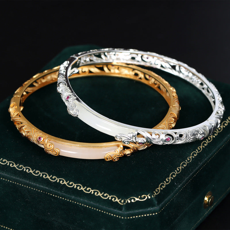 Traditional Handcrafted Gold- And Silver-Thread Filigree Hollowed Hetian Jade Bracelet For Women