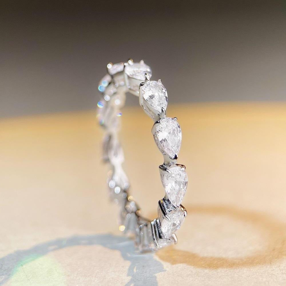 Women's S925 Sterling Silver Single Row Waterdrop Ring Fully Paved With Diamonds