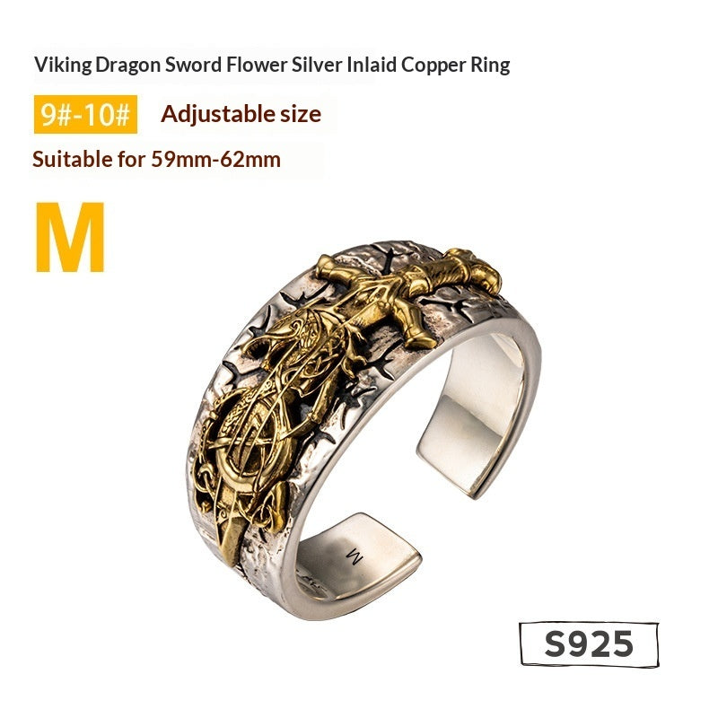 Dragon Sword Flower Viking Silver Ring Trendy
