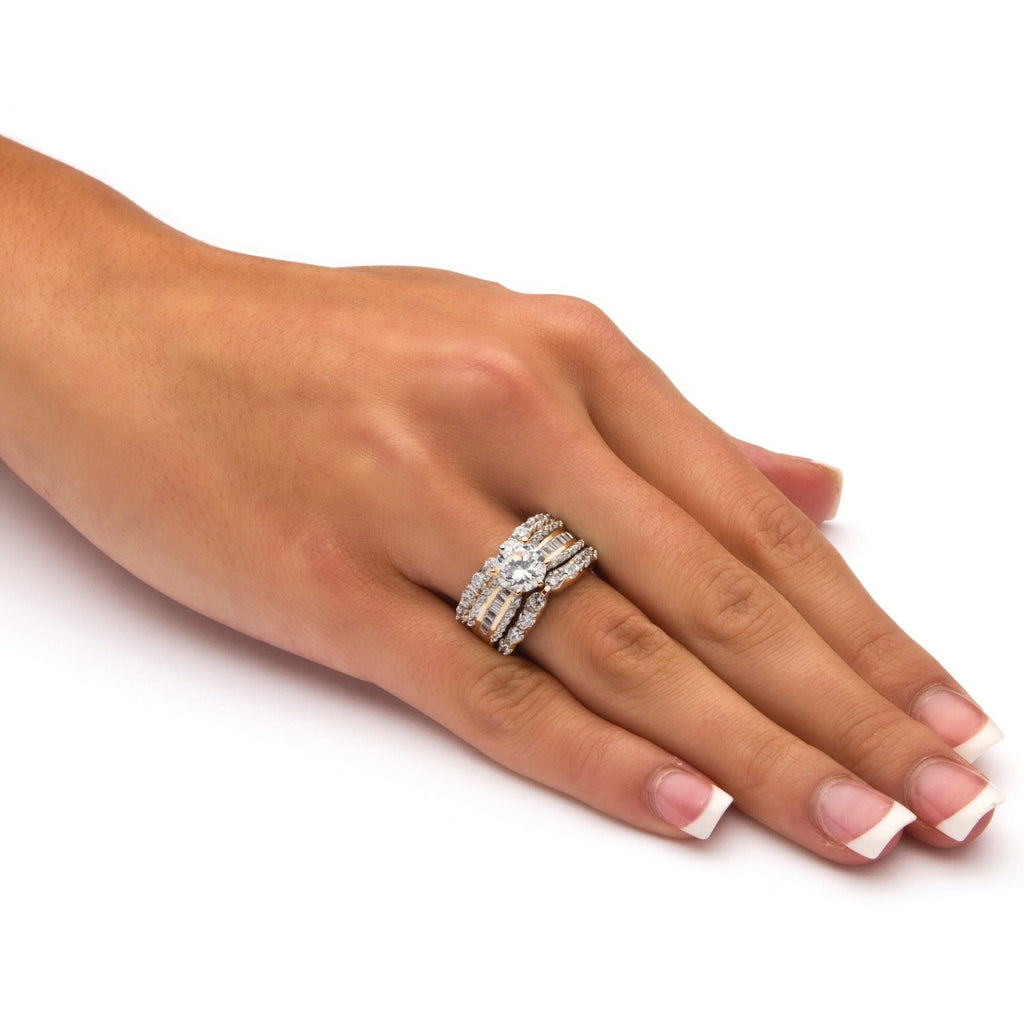 18k Gold-plated Three-piece Simulated Diamond Engagement Ring Set With Zircon Inlays