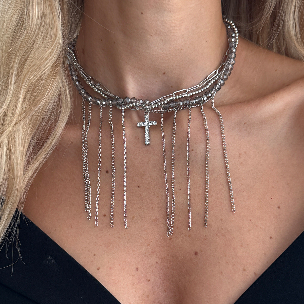 Cool Minimalist Cross Tassel Heart Pearl Necklace