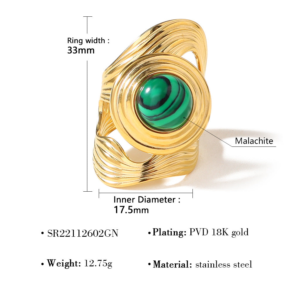 Womens French Retro-Style Natural Malachite Titanium Steel Ring