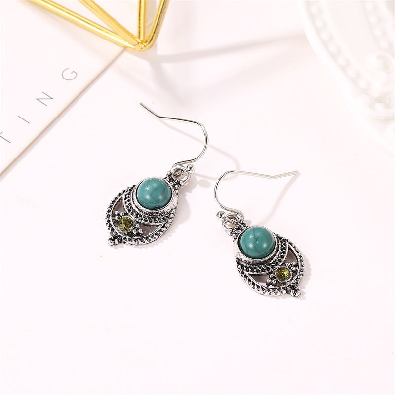 Bohemian Style Ear Jewelry Teal Turquoise Pendant Royal Vintage Openwork Carved Ear Hooks