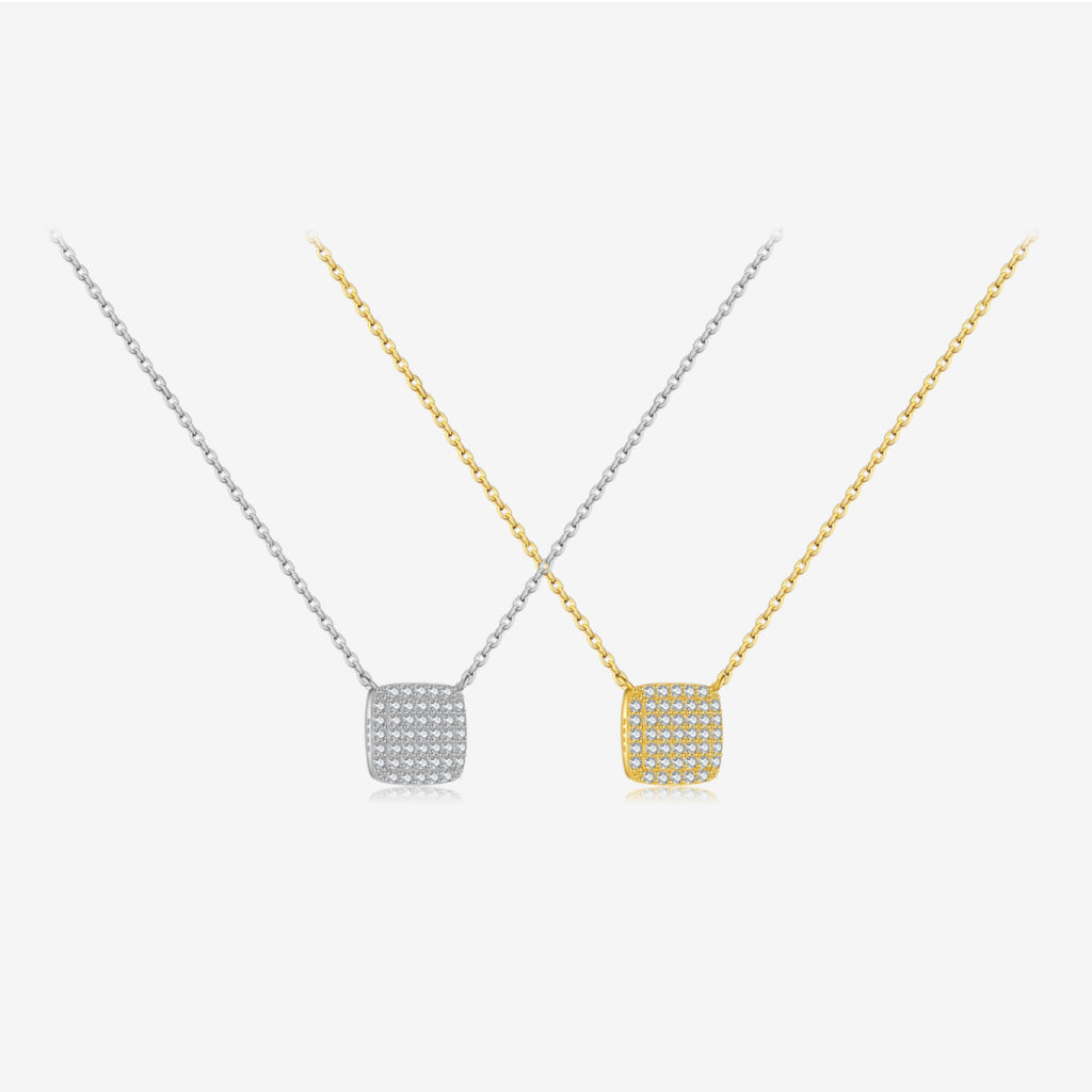 S925 Sterling Silver Square Stone Full Pave Pendant Necklace