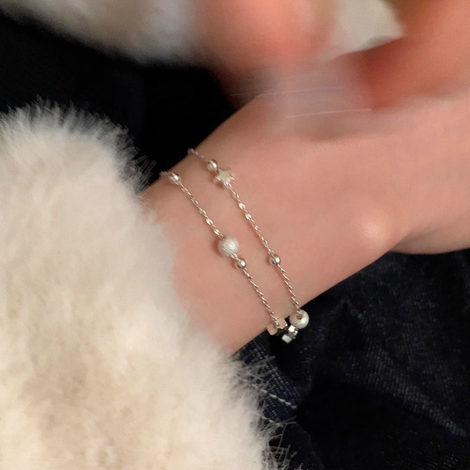 999 Fine Silver Matte Ball Double-Layer Sterling Silver Bracelet For Women
