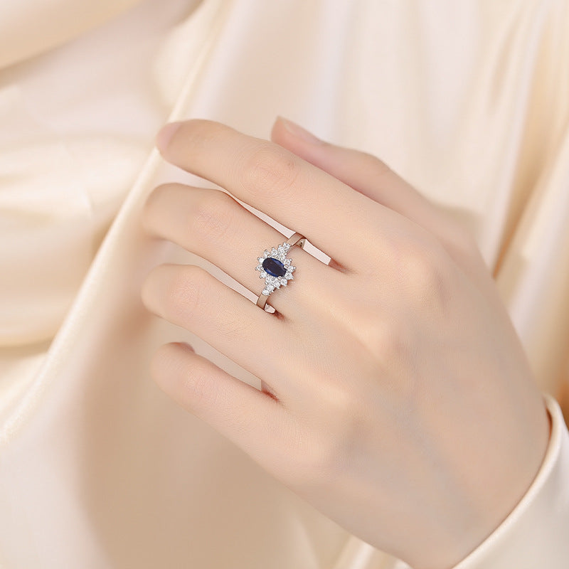Stylish Geometric Ring With A Luxe Vibe Featuring A Micro-paved Oval Blue Zircon