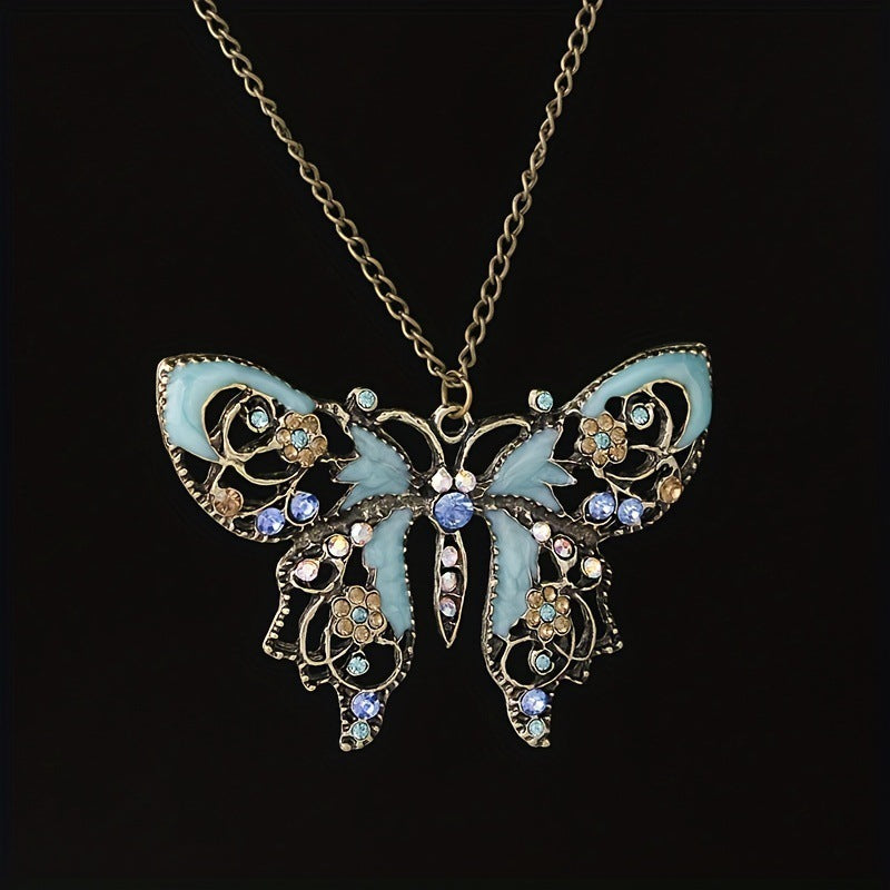 Retro Hollow-Out Dripping-Oil Butterfly Sweater Chain Necklace