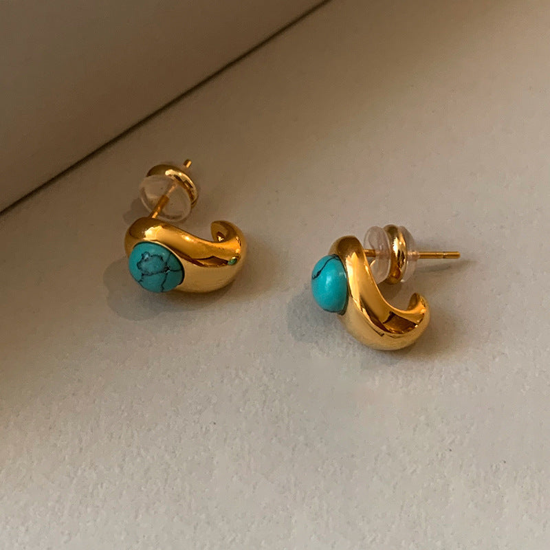 Real Gold-Plated Silver Needle Beaded Turquoise Earrings