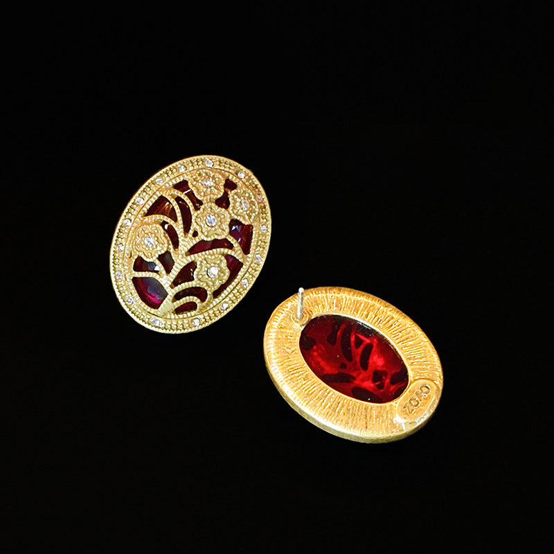 Retro Luxury Flower Hollow Design With Glass Inlaid Earrings