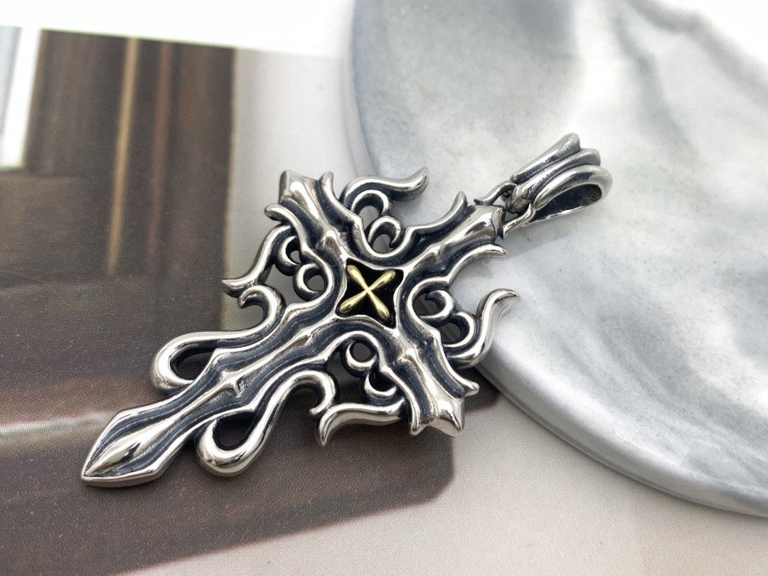 Blue Diamond Flame Cross Flower Pendant For Men And Women