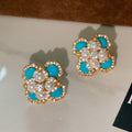 Silver Needle Turquoise Four-Leaf Flower Pearl Vintage Earrings And Necklace