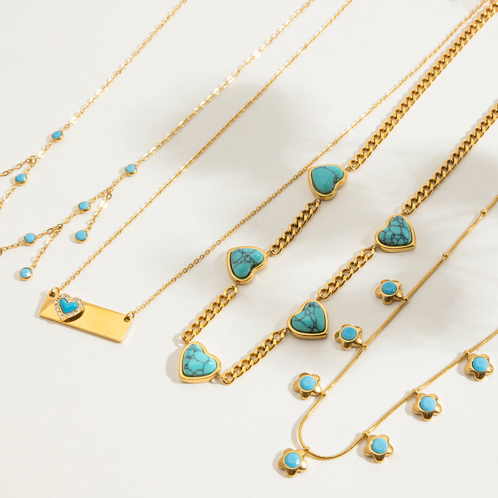 European And American Blue Turquoise Stainless Steel Necklace Set