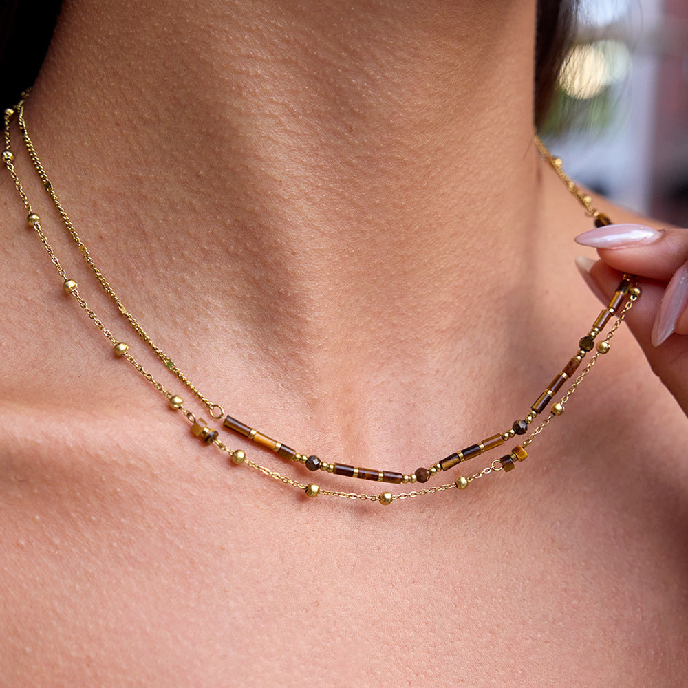 Vintage Tigers Eye Necklace For Women With Double-Layer Beads