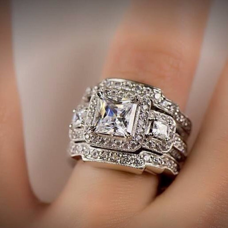 European And American-style Zircon Three-layer Ultra-shiny Square Mosaic Ring For Women